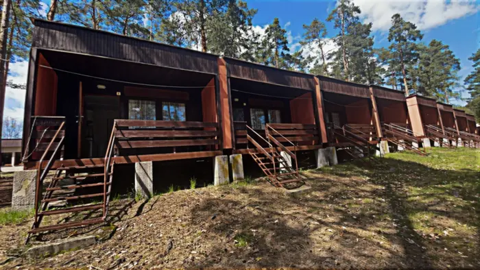 Řada dřevěných chatek Šiška kempu v borovicovém lese